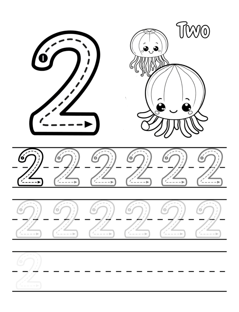 Printable Number 2 tracing octopus activity for kids ages 3–8
