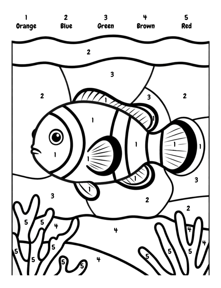 Printable Ocean color by number activity for kids ages 3–8