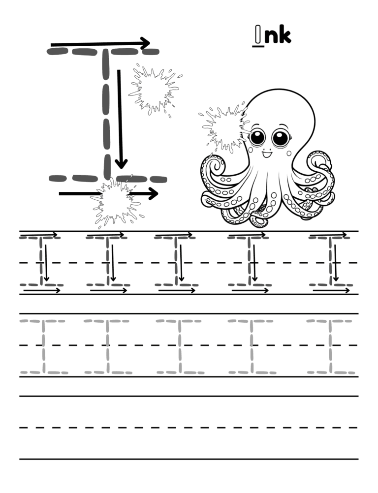 Printable Letter I tracing ink activity for kids ages 3–8