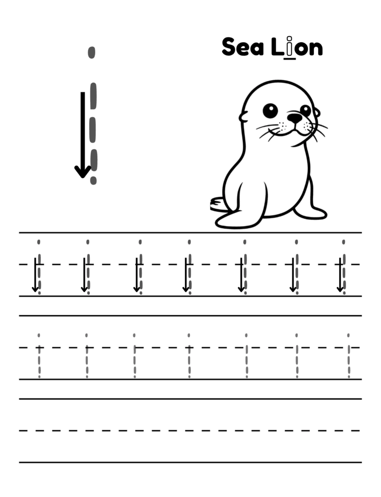 Printable Letter i tracing sea lion activity for kids ages 3–8