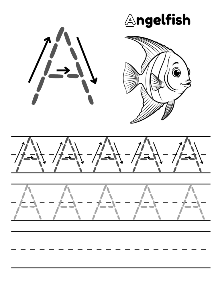 Printable Letter A tracing angelfish activity for kids ages 3–8