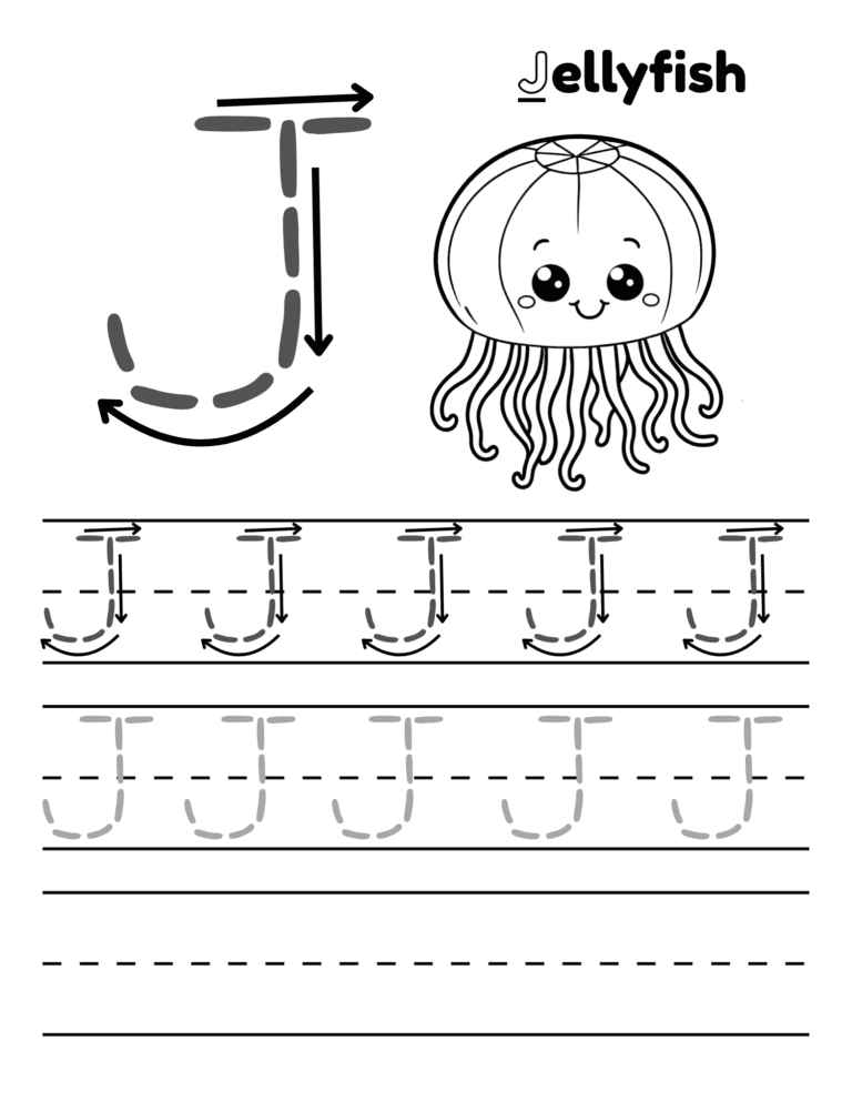 Printable Letter J tracing jellyfish activity for kids ages 3–8