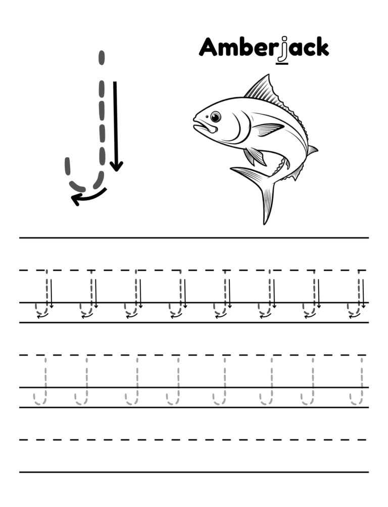 Printable Letter j tracing amberjack activity for kids ages 3–8