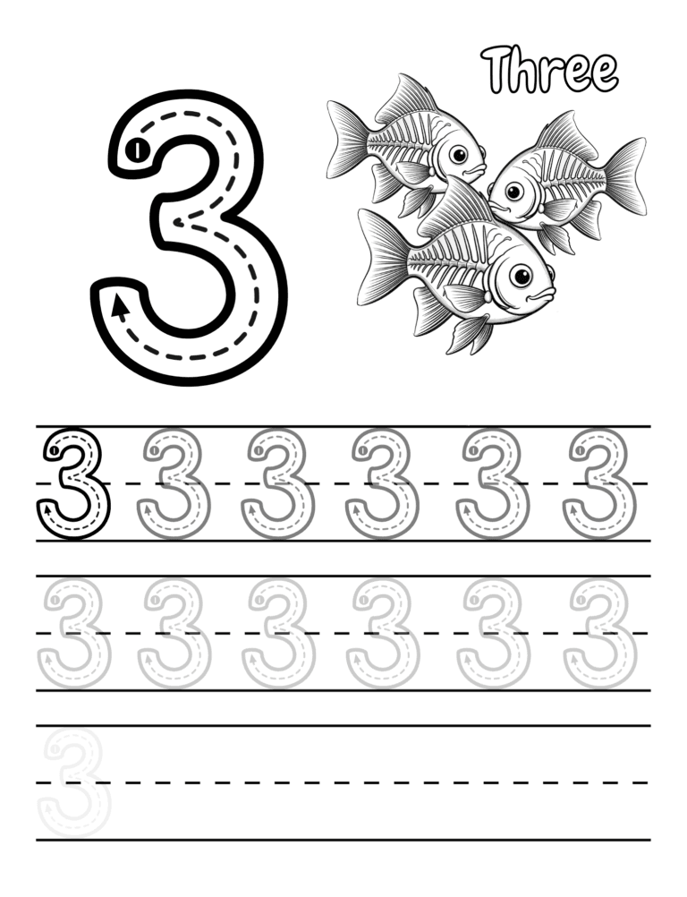 Printable Number 3 tracing fish activity for kids ages 3–8