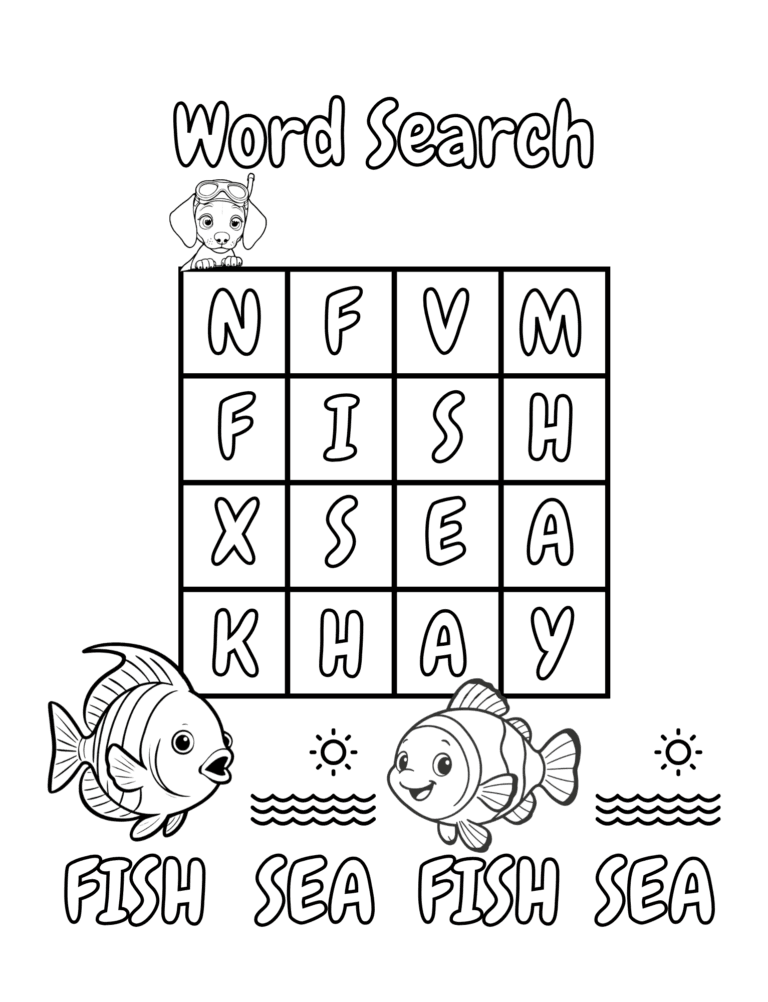 Printable Ocean word search activity for kids ages 3–8