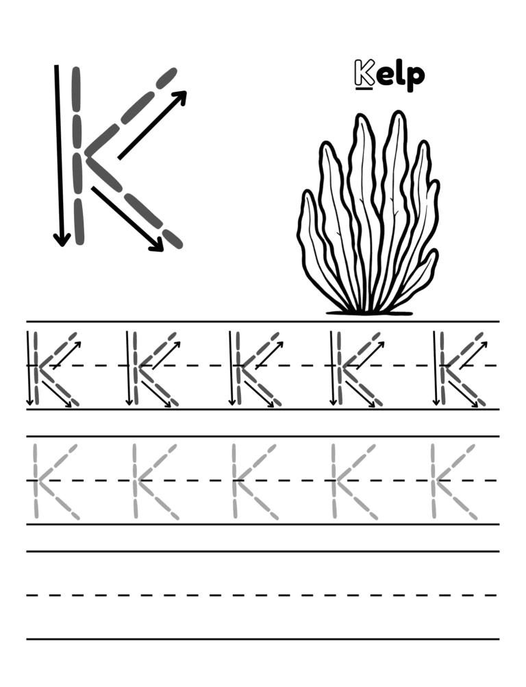 Printable Letter K tracing kelp activity for kids ages 3–8