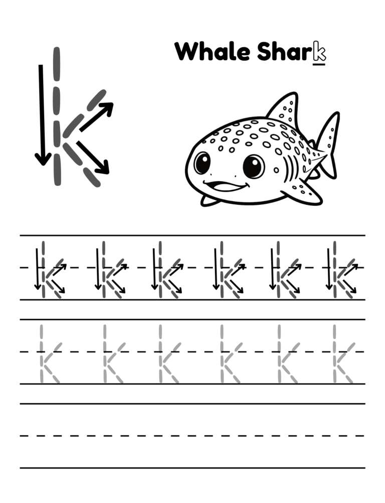 Printable Letter k tracing whale shark activity for kids ages 3–8
