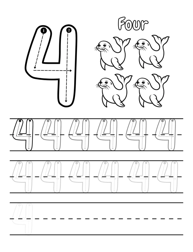 Printable Number 4 tracing seahorses activity for kids ages 3–8
