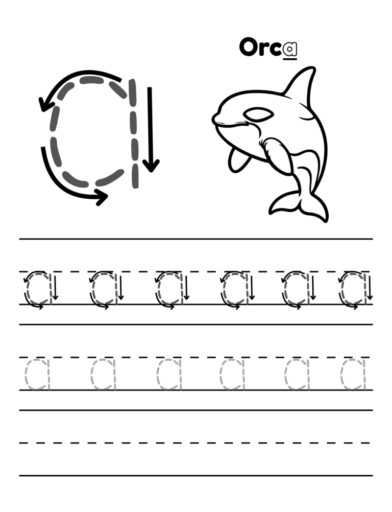 Printable Letter a tracing orca activity for kids ages 3–8
