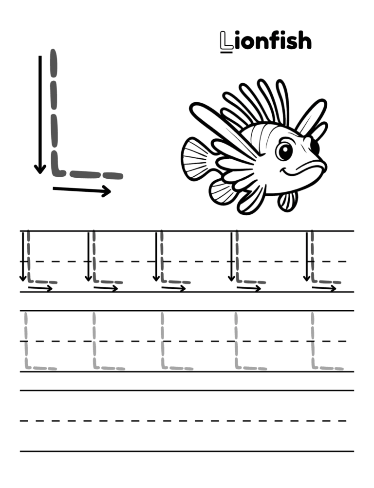 Printable Letter L tracing lionfish activity for kids ages 3–8