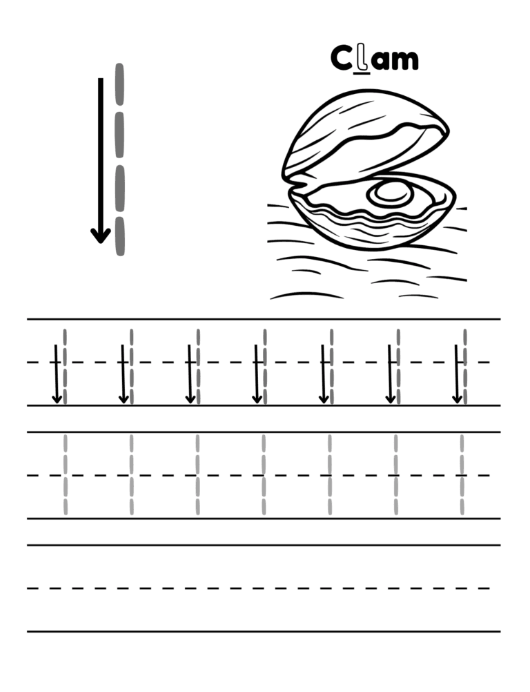 Printable Letter l tracing clam activity for kids ages 3–8