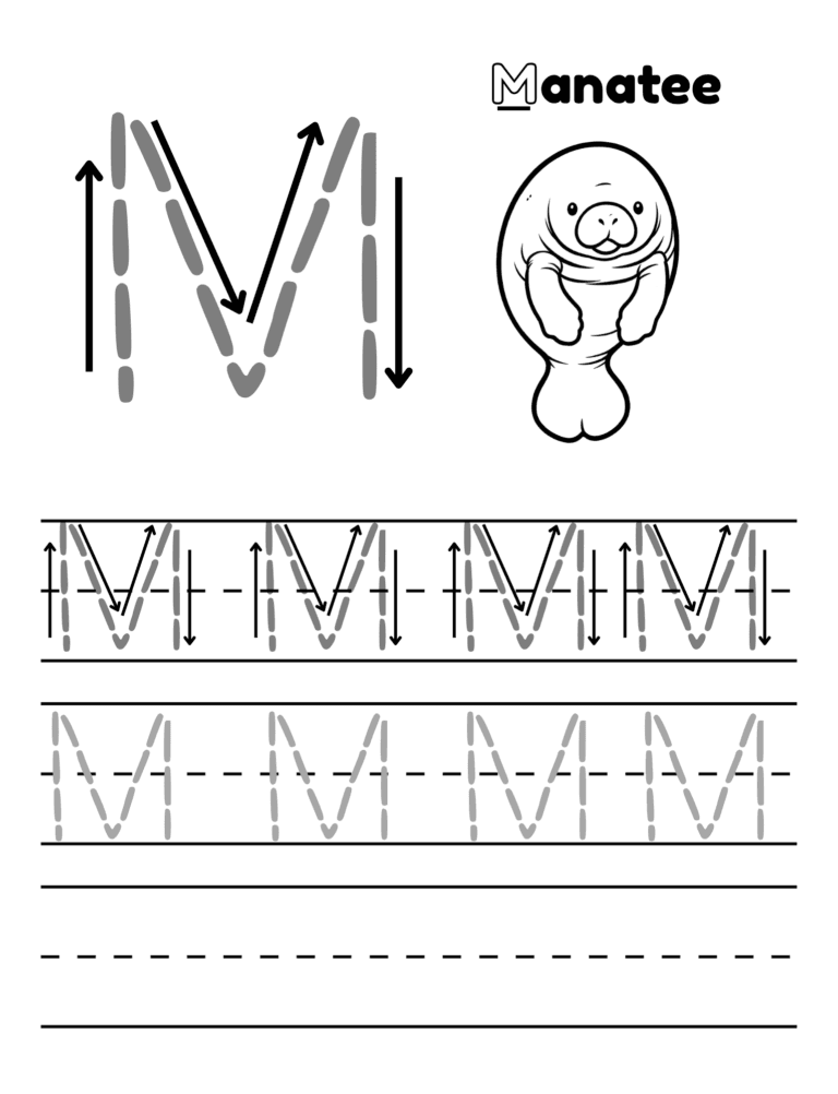 Printable Letter M tracing manatee activity for kids ages 3–8
