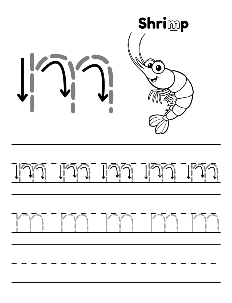 Printable Letter m tracing shrimp activity for kids ages 3–8
