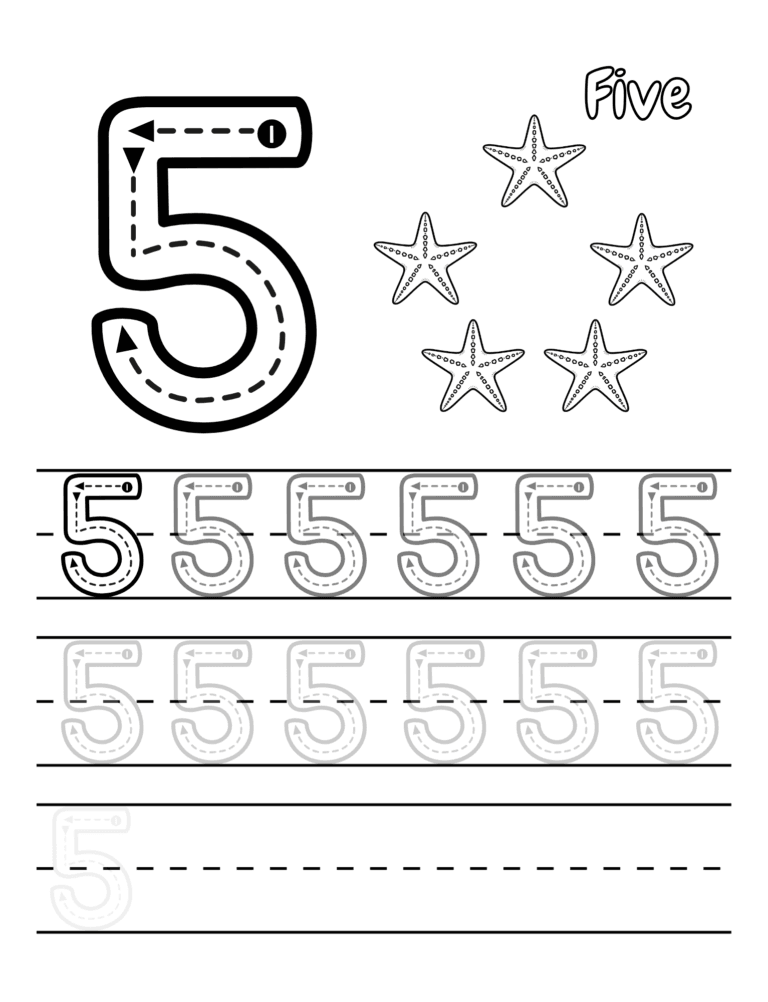 Printable Number 5 tracing starfish activity for kids ages 3–8