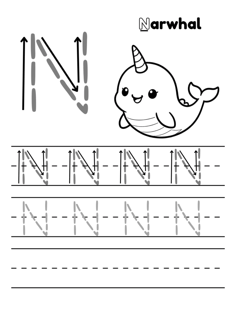 Printable Letter N tracing narwhal activity for kids ages 3–8
