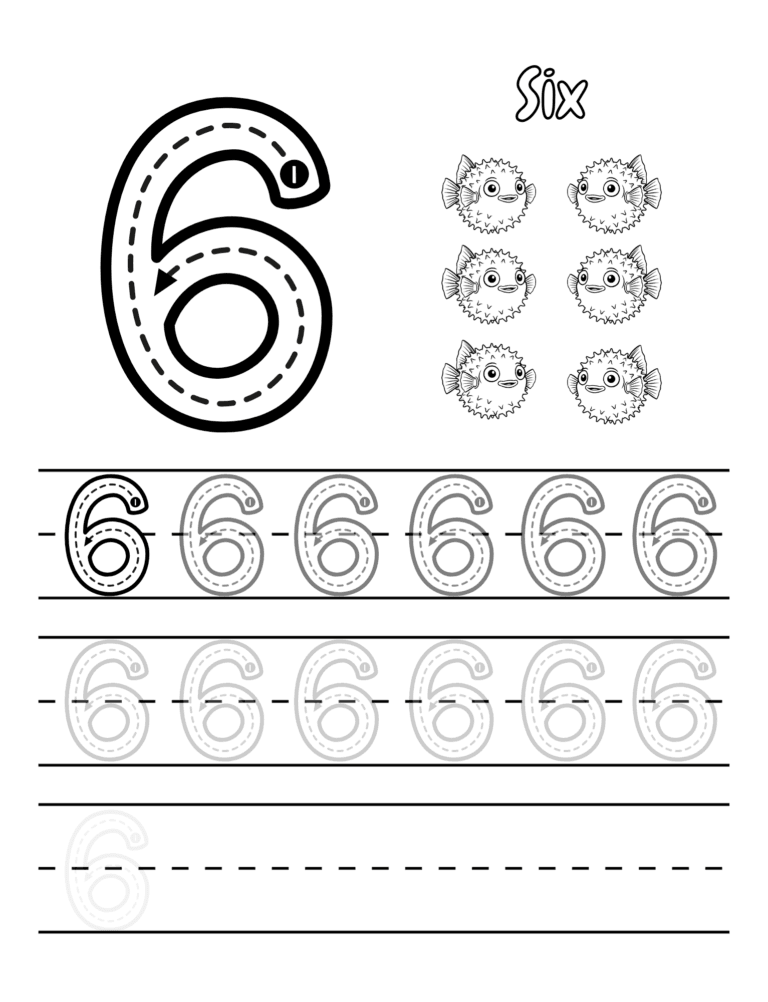 Printable Number 6 tracing fish activity for kids ages 3–8