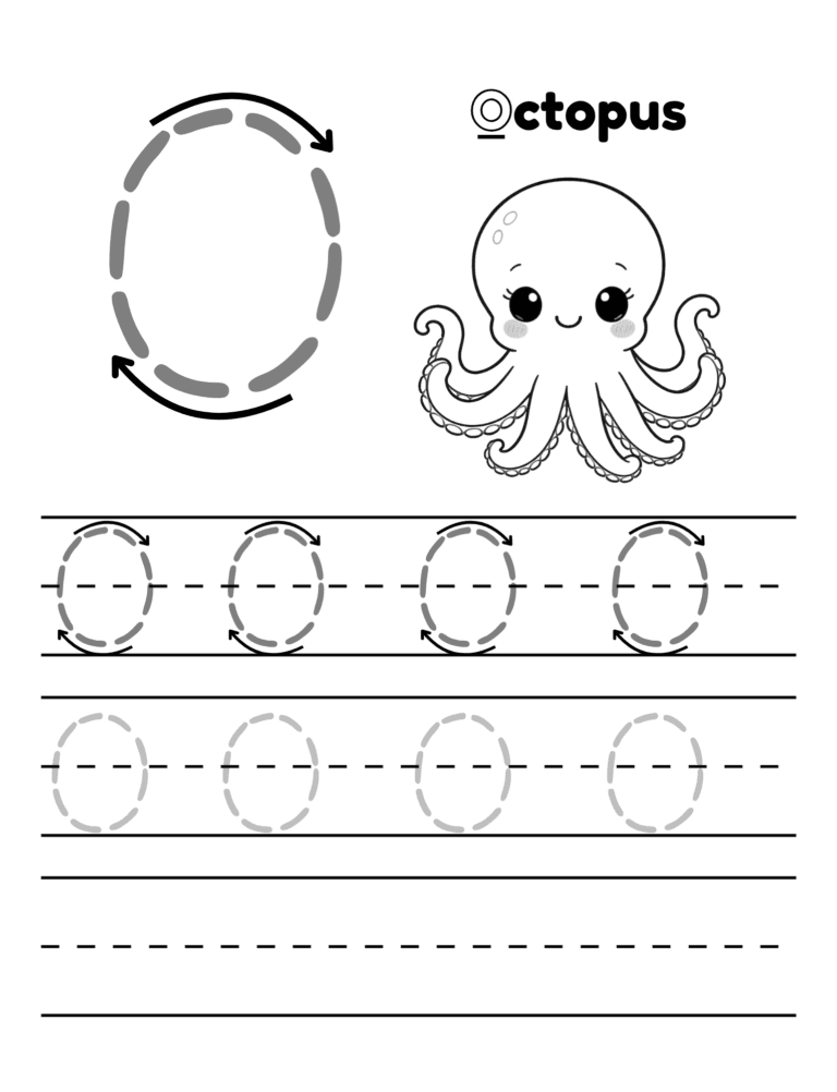 Printable Letter O tracing octopus activity for kids ages 3–8
