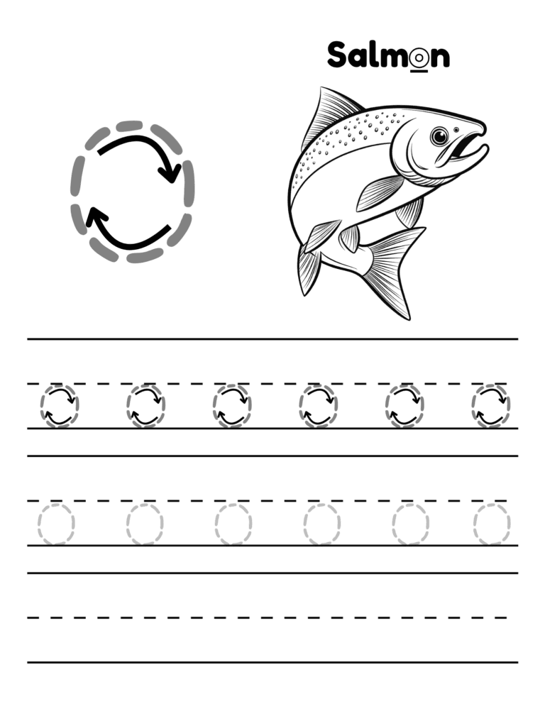 Printable Letter o tracing salmon activity for kids ages 3–8