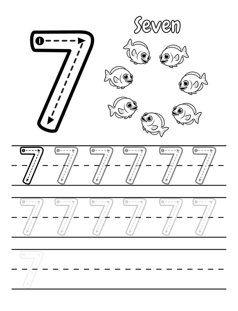Printable Number 7 tracing fish activity for kids ages 3–8
