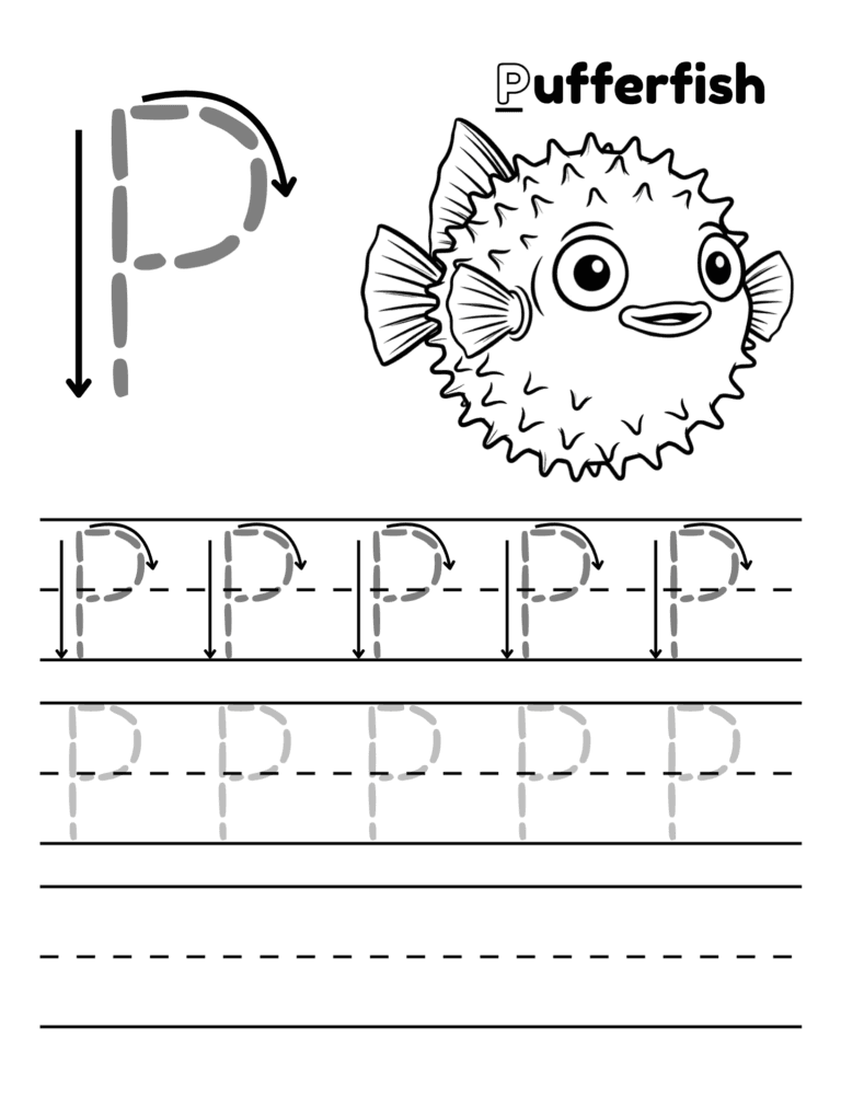 Printable Letter P tracing pufferfish activity for kids ages 3–8