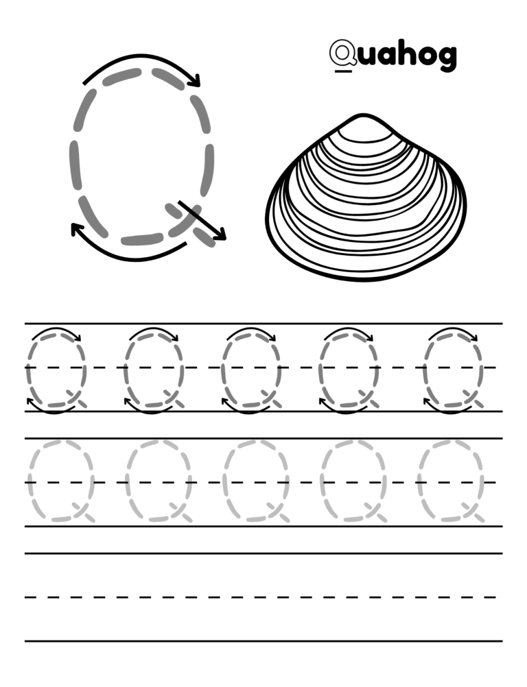 Printable Letter Q tracing quahog activity for kids ages 3–8
