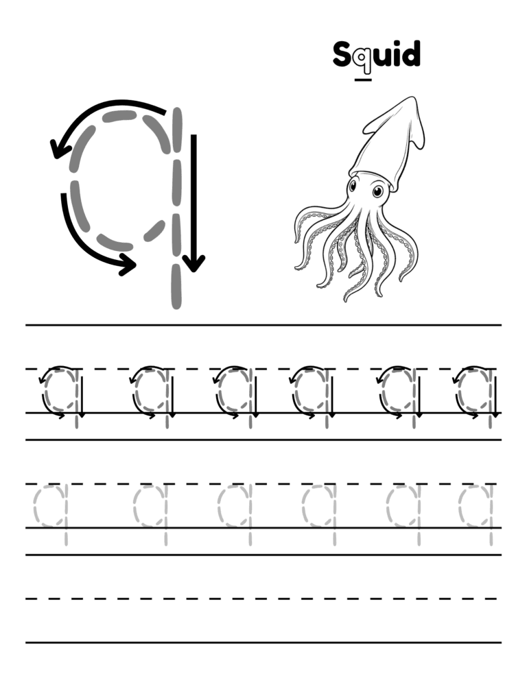 Printable Letter q tracing squid activity for kids ages 3–8