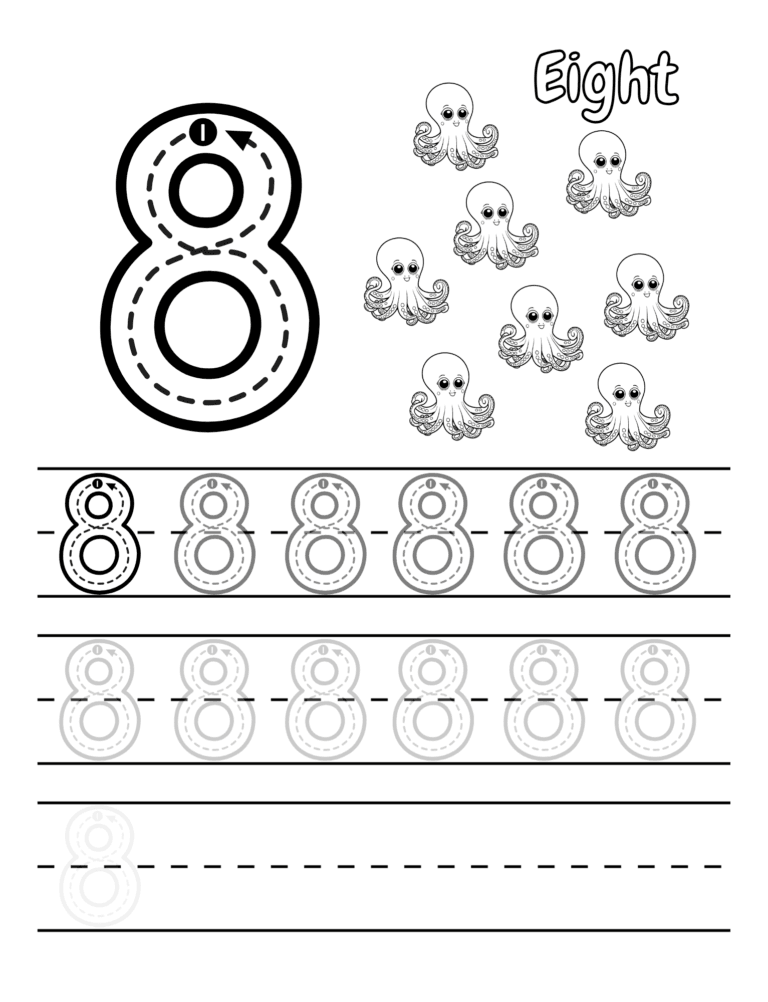 Printable Number 8 tracing fish activity for kids ages 3–8