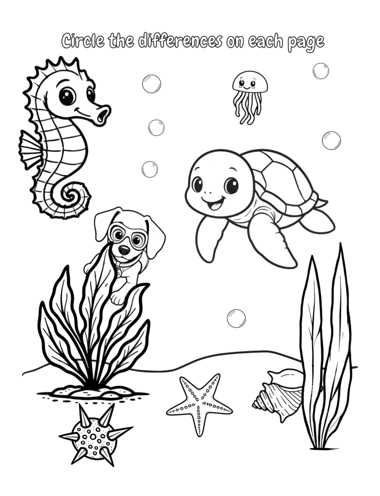Printable Ocean spot the difference activity for kids ages 3–8