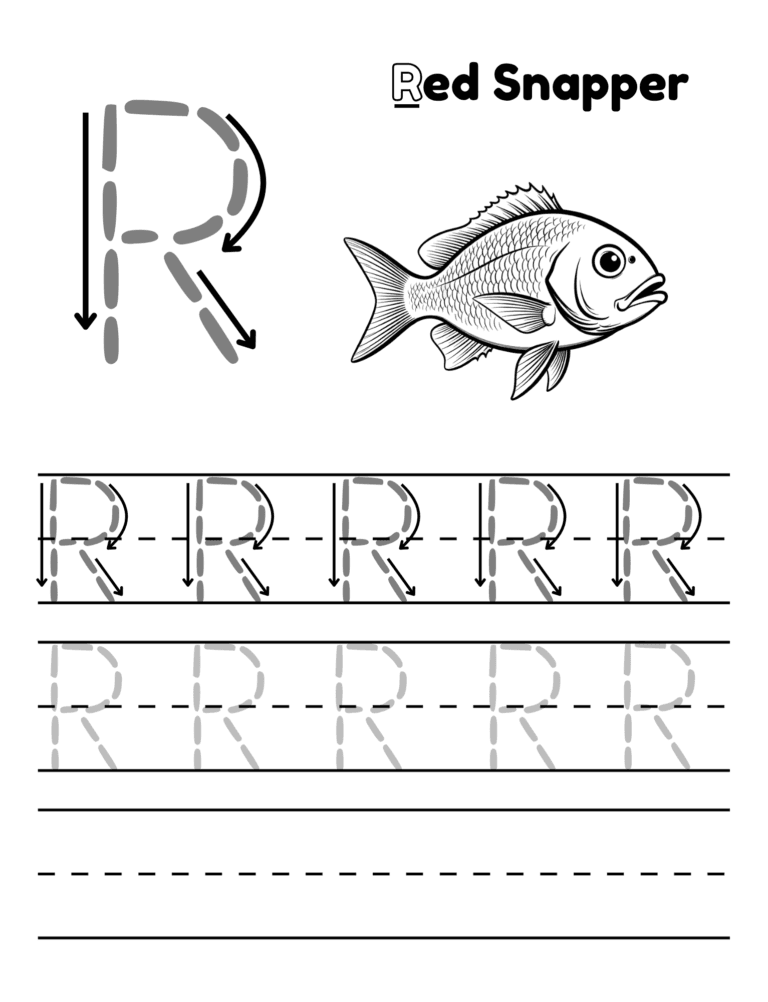 Printable Letter R tracing red snapper activity for kids ages 3–8