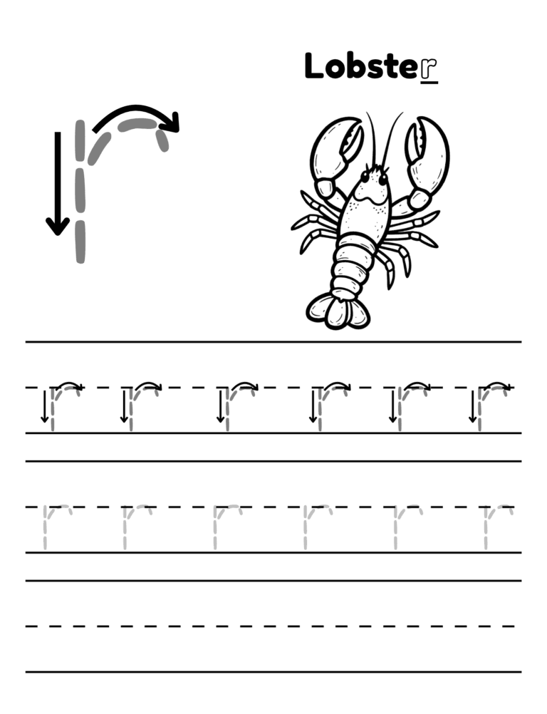 Printable Letter r tracing lobster activity for kids ages 3–8