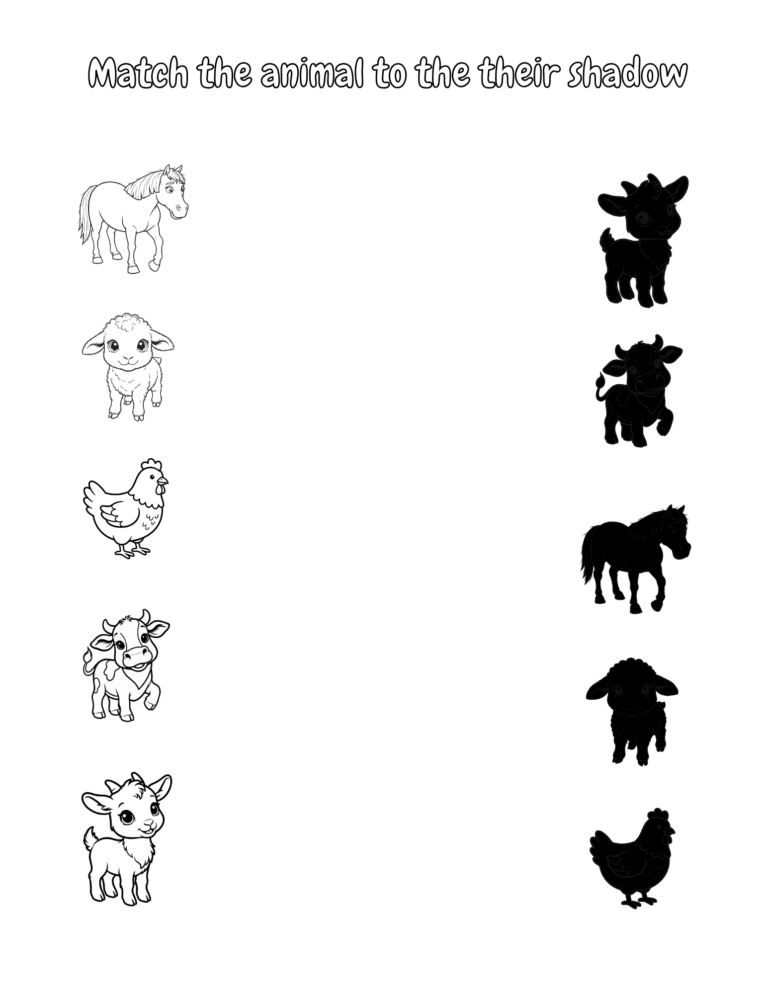 Printable Animal shadow match 1 activity for kids ages 3–8