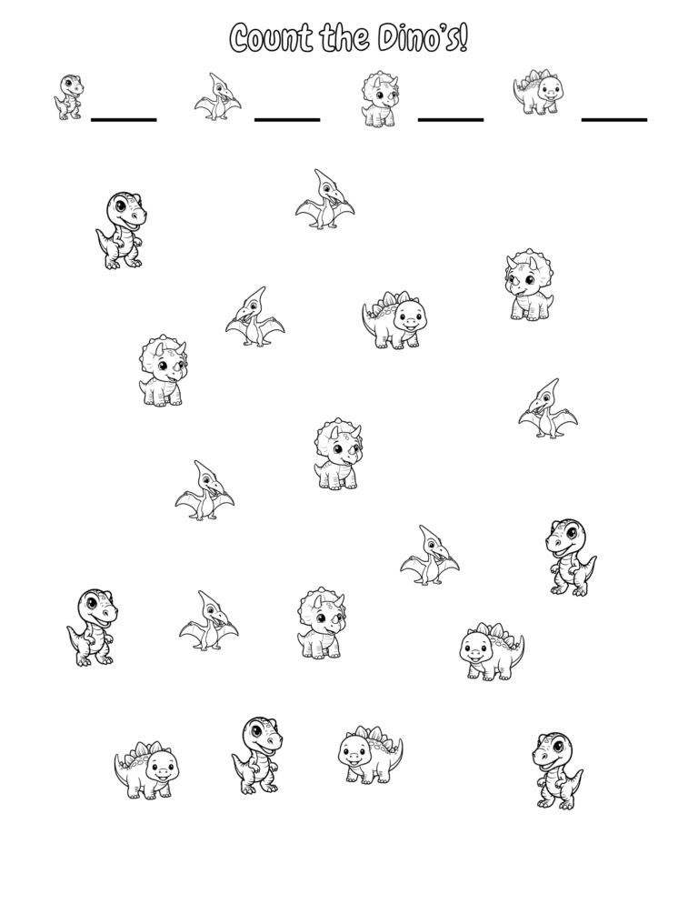 Printable dinosaur counting activity for kids ages 3–8