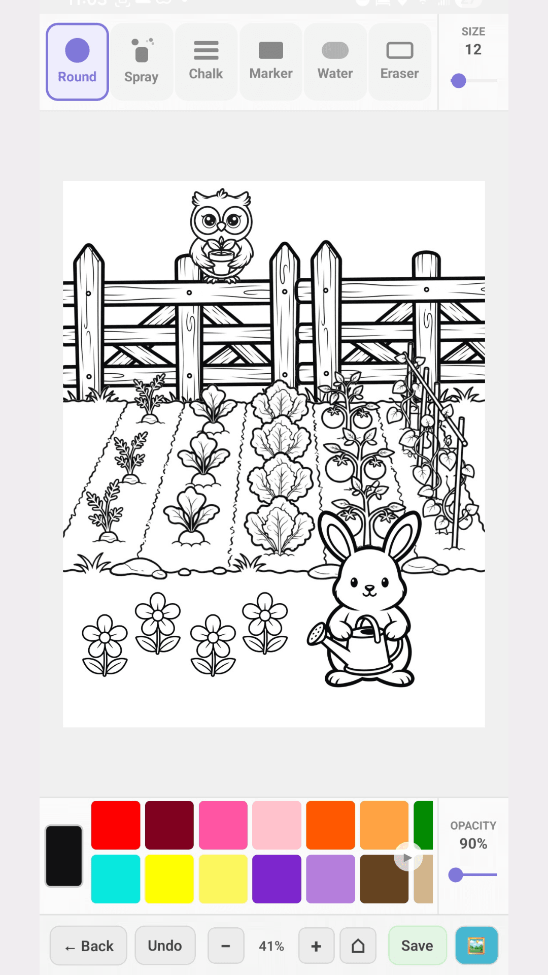 The Alpine Hollow Kids app coloring studio with a printable garden page loaded