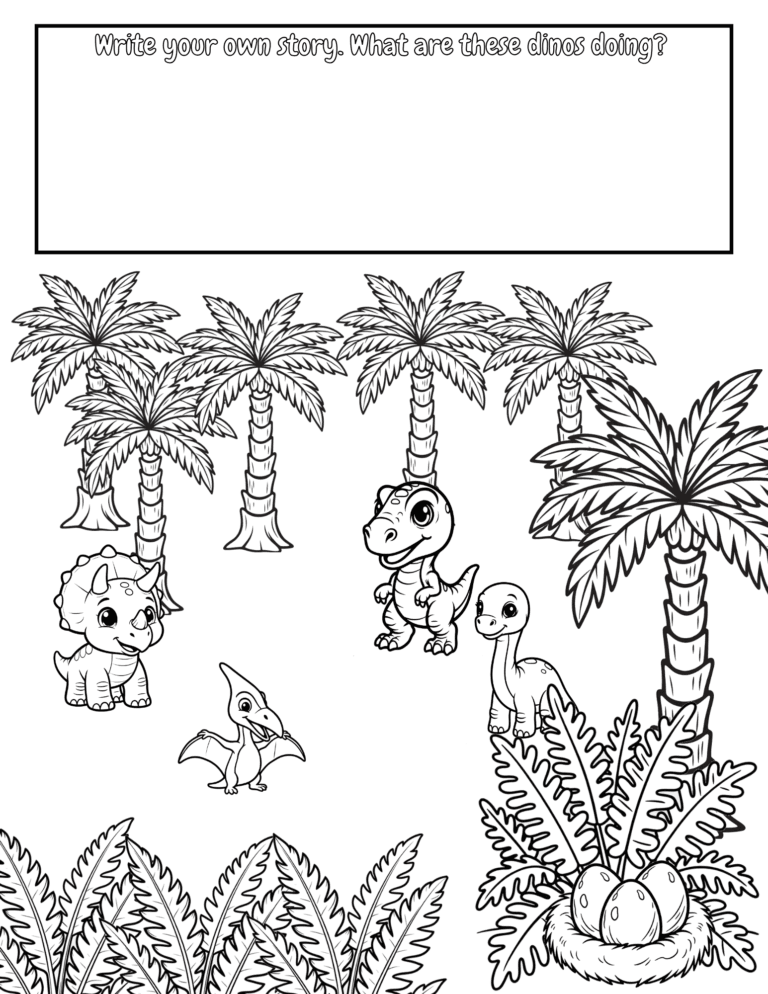 Printable dinosaur story writing activity for kids ages 3–8