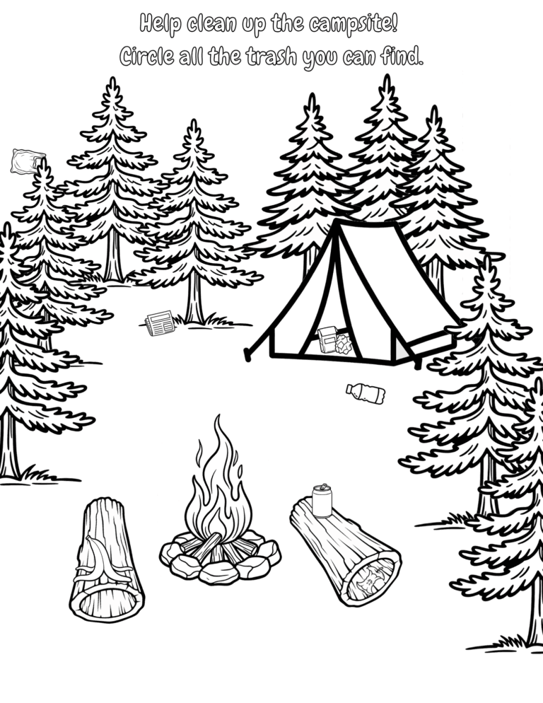 Printable Campsite at night coloring page for kids ages 3–8