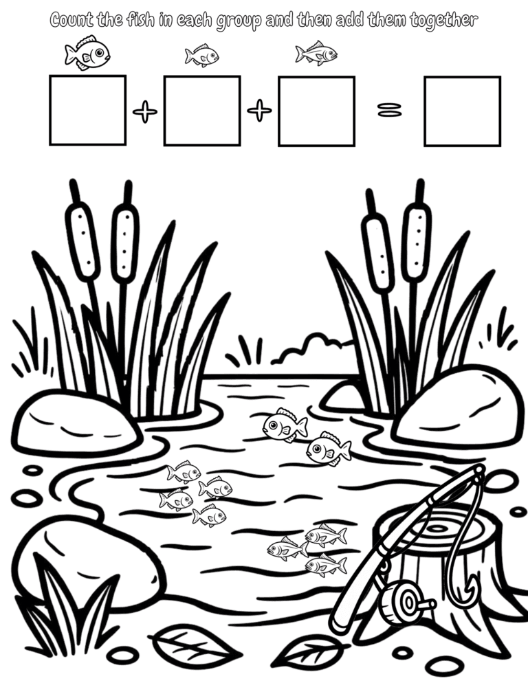 Printable Camp pond coloring page for kids ages 3–8