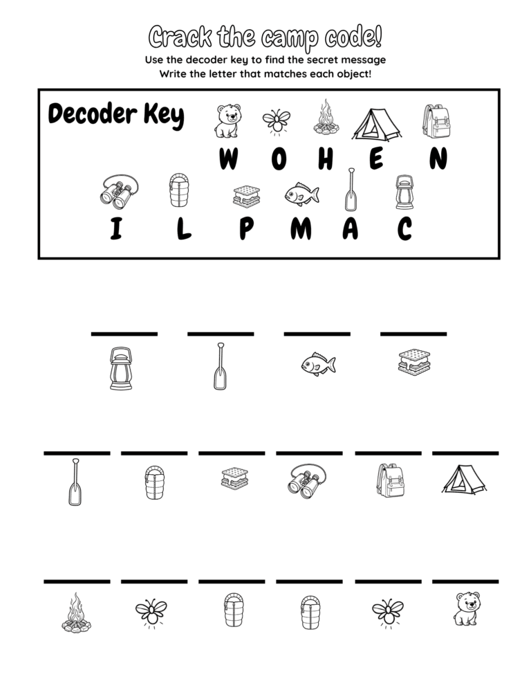 Printable Crack the camp code for kids ages 3–8