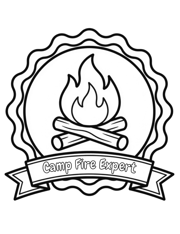Printable Campfire badge coloring page for kids ages 3–8