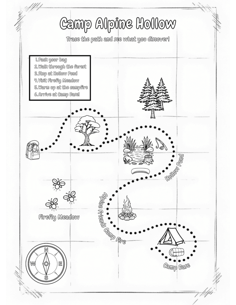 Printable Camp trail map for kids ages 3–8