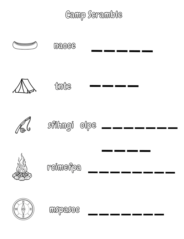 Printable Camp word scramble activity for kids ages 3–8