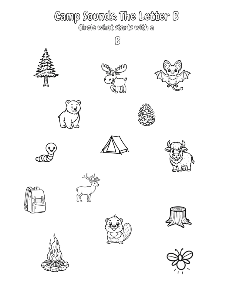 Printable Letter B camp sounds activity for kids ages 3–8