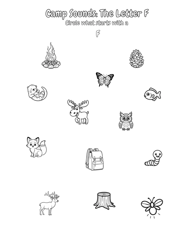 Printable Letter F camp sounds activity for kids ages 3–8