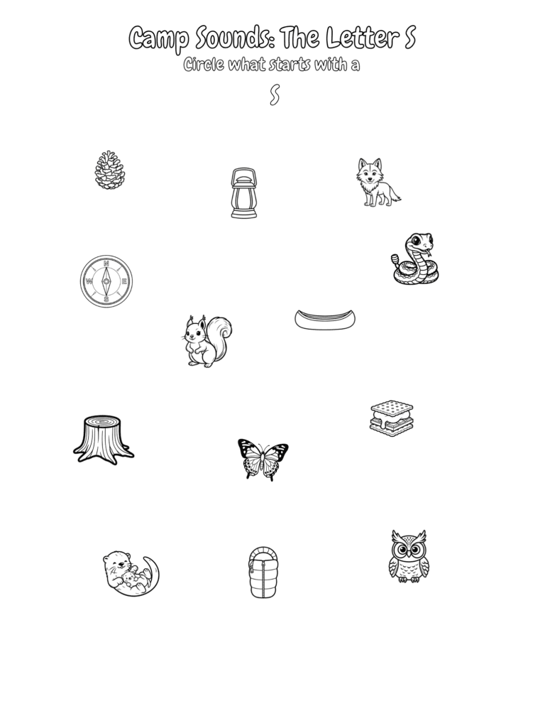 Printable Letter S camp sounds activity for kids ages 3–8