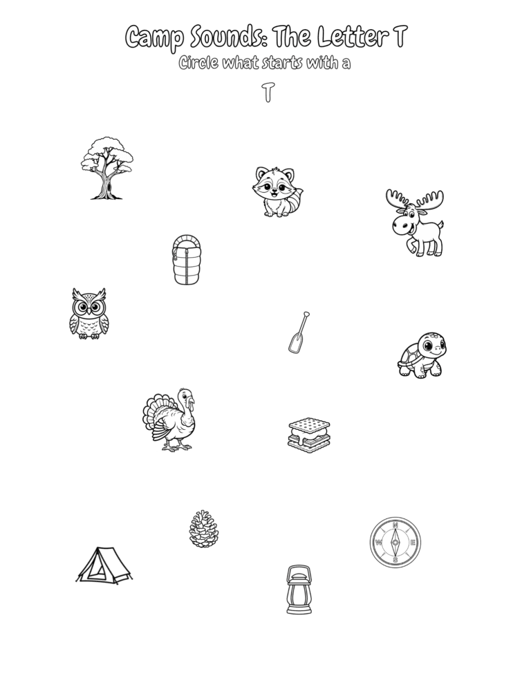 Printable Letter T camp sounds activity for kids ages 3–8