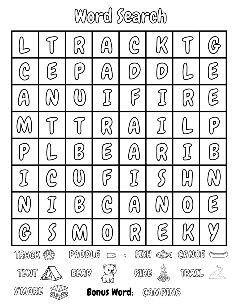 Printable Camp word search activity for kids ages 3–8