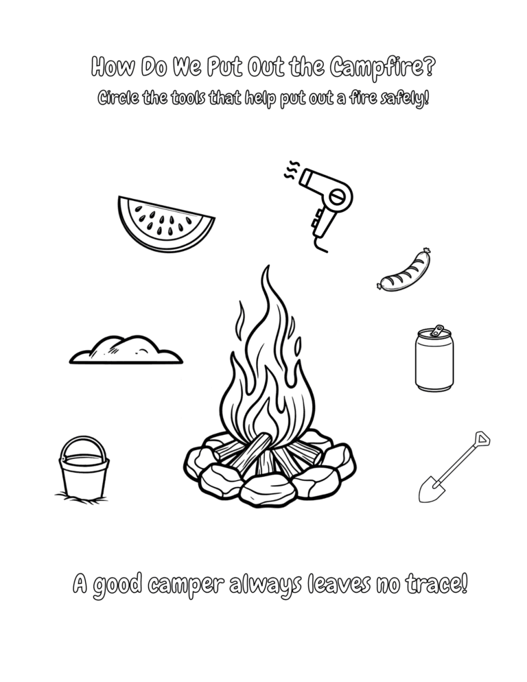 Printable Find the campfire tools activity for kids ages 3–8