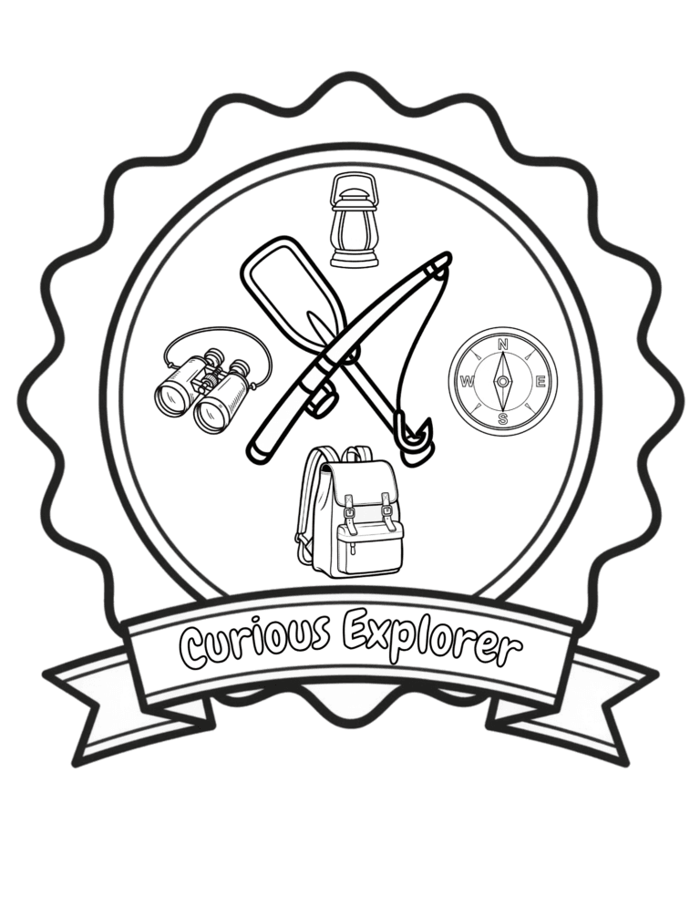 Printable Curious explorer badge coloring page for kids ages 3–8