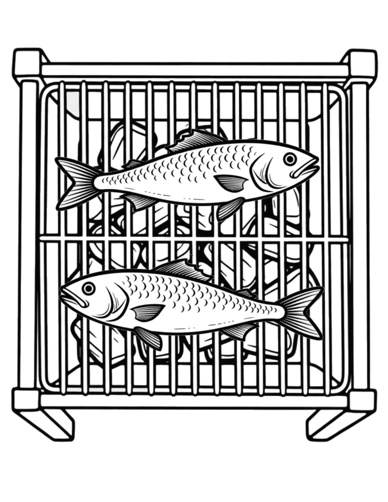 Printable Grilled fish coloring page for kids ages 3–8