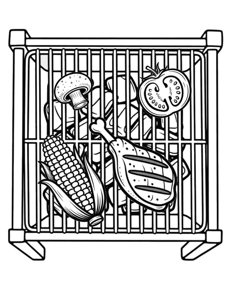 Printable Camp cookout grill coloring page for kids ages 3–8
