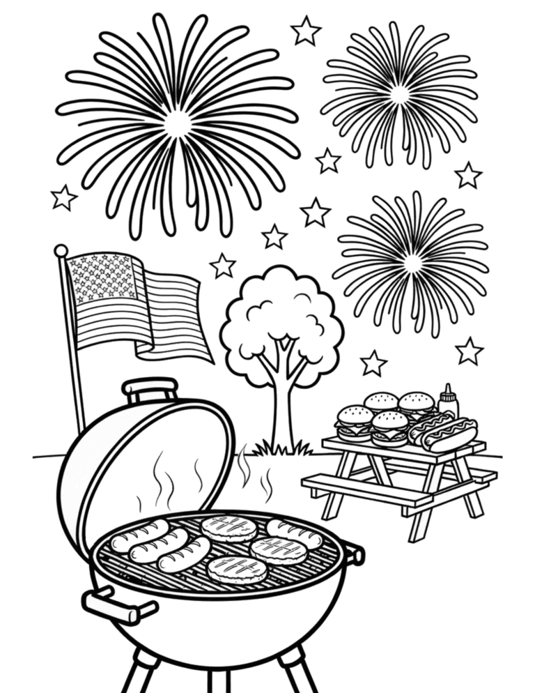 Printable Fourth of July cookout coloring page for kids ages 3–8